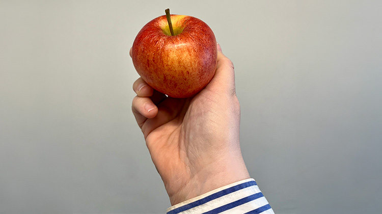 Æble i hånd på grå baggrund