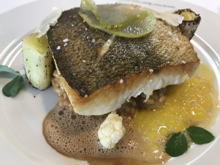 Vinderretten til kokkekonkurrencen på Food College Aalborg: Sprødstegt kulmule med risotto og crudité. Ud over et godt CO2-regnskab og dejlig smag bød retten på leg og kreativitet med appelsinkaviar og skaldyrsskum. (Foto: Kasper Mundt-Nielsen)